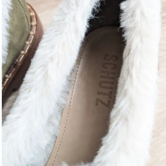 NWOT Schutz Green Cow Suede Christie Furry Flat Loafer Shoes, size 7B