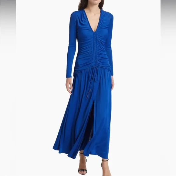 NWT FARM Rio Bright Blue Long Sleeve Ruched Midi Dress with Slit Size Small