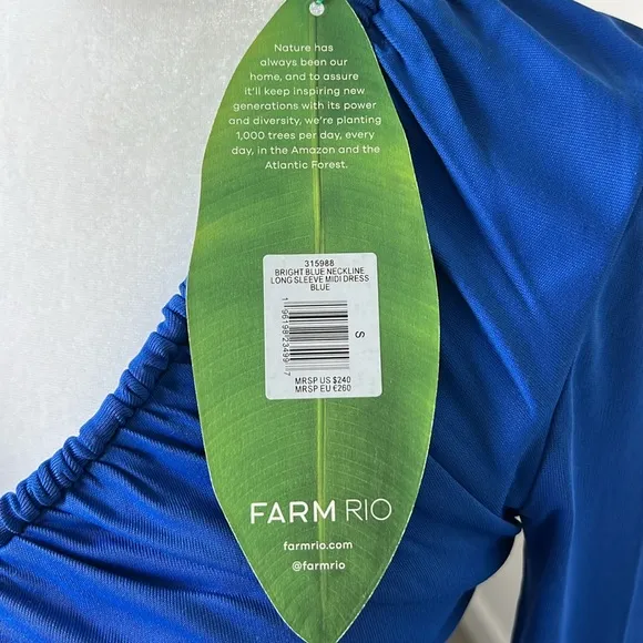 NWT FARM Rio Bright Blue Long Sleeve Ruched Midi Dress with Slit Size Small
