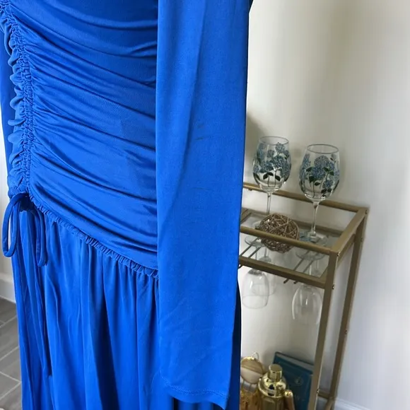NWT FARM Rio Bright Blue Long Sleeve Ruched Midi Dress with Slit Size Small