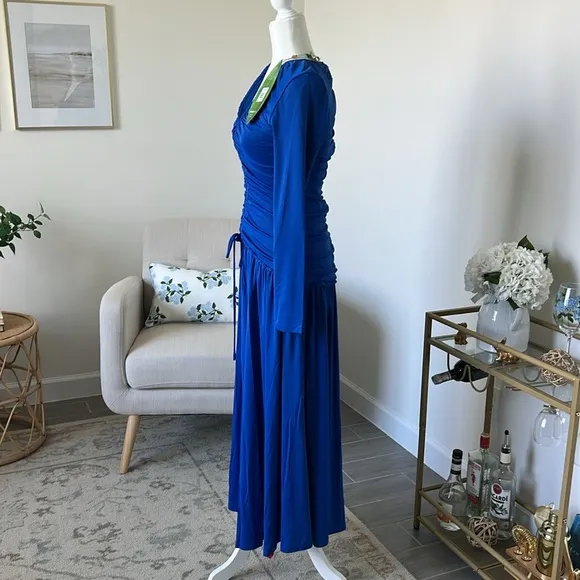 NWT FARM Rio Bright Blue Long Sleeve Ruched Midi Dress with Slit Size Small