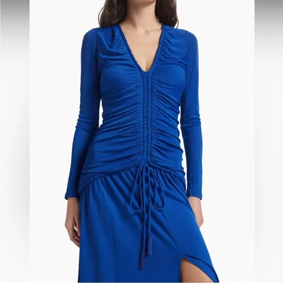 NWT FARM Rio Bright Blue Long Sleeve Ruched Midi Dress with Slit Size Small