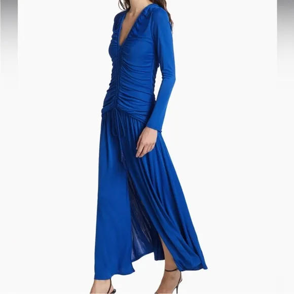 NWT FARM Rio Bright Blue Long Sleeve Ruched Midi Dress with Slit Size Small