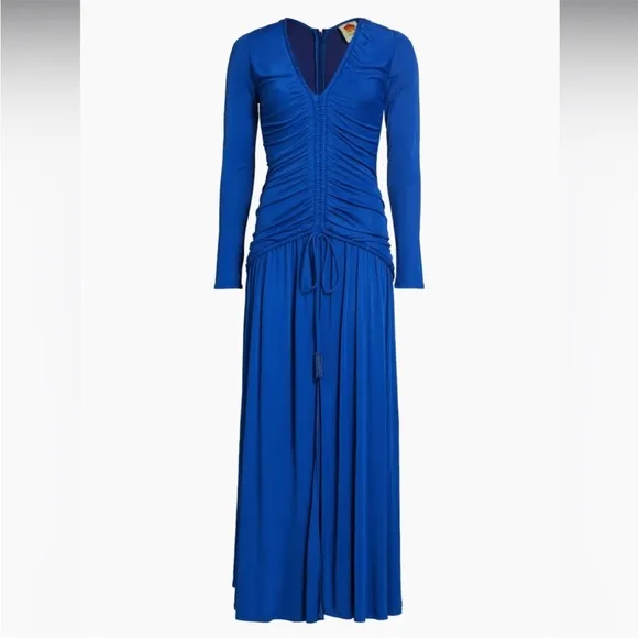 NWT FARM Rio Bright Blue Long Sleeve Ruched Midi Dress with Slit Size Small