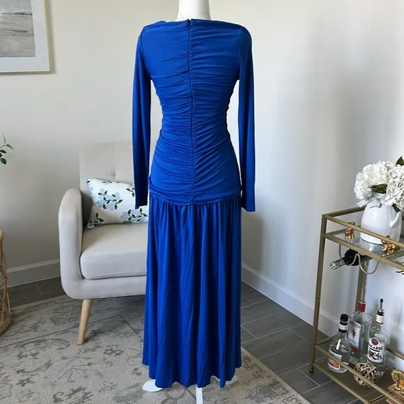 NWT FARM Rio Bright Blue Long Sleeve Ruched Midi Dress with Slit Size Small
