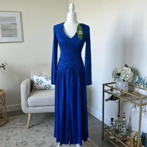 NWT FARM Rio Bright Blue Long Sleeve Ruched Midi Dress with Slit Size Small