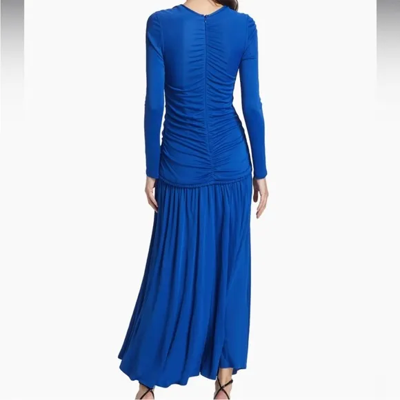 NWT FARM Rio Bright Blue Long Sleeve Ruched Midi Dress with Slit Size Small