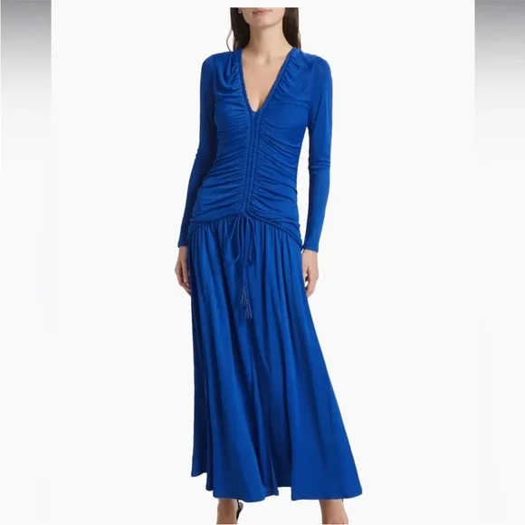 NWT FARM Rio Bright Blue Long Sleeve Ruched Midi Dress with Slit Size Small