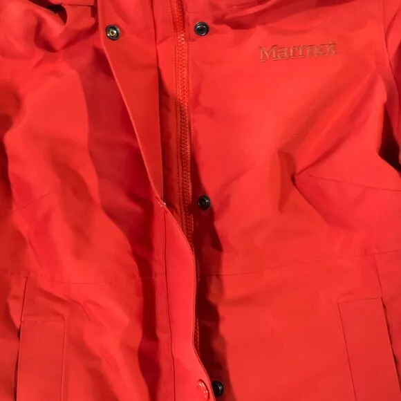 NWT Marmot Mountain Works Coat Womens Size S/P Red Goose Down Long Chelsea Parka