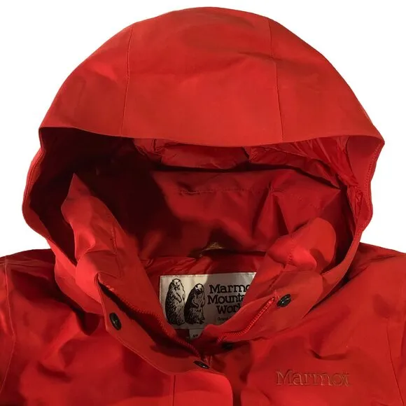 NWT Marmot Mountain Works Coat Womens Size S/P Red Goose Down Long Chelsea Parka
