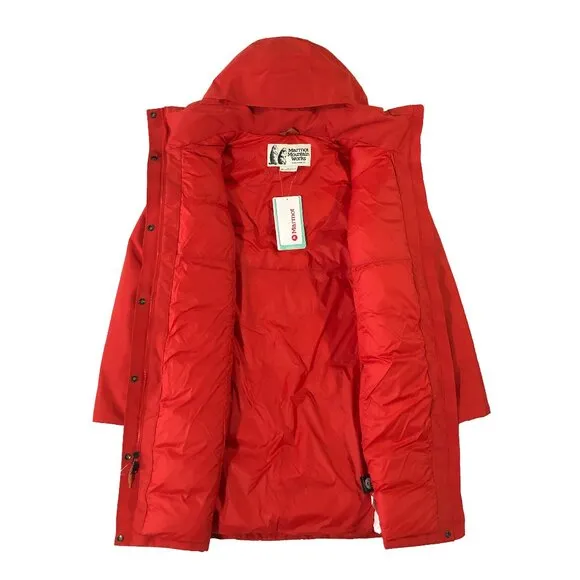 NWT Marmot Mountain Works Coat Womens Size S/P Red Goose Down Long Chelsea Parka