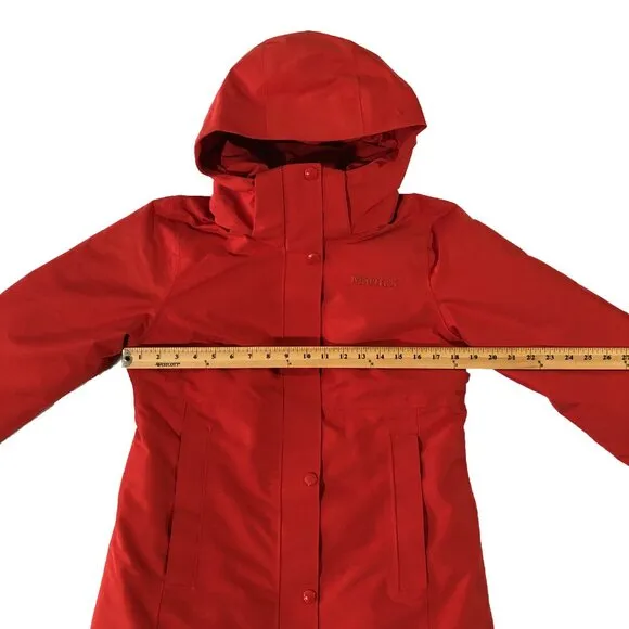 NWT Marmot Mountain Works Coat Womens Size S/P Red Goose Down Long Chelsea Parka