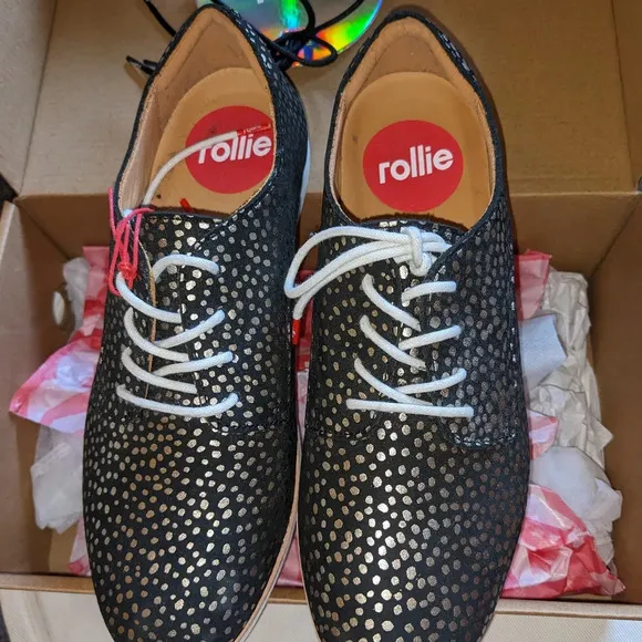 NWT Rollie Brand Women's Fashion Shoes Lightweight Derby Flat Gold Leopard 7/38