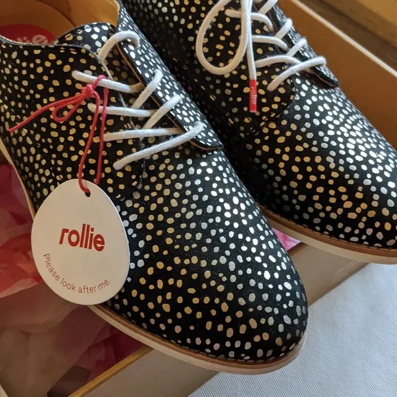 NWT Rollie Brand Women's Fashion Shoes Lightweight Derby Flat Gold Leopard 7/38