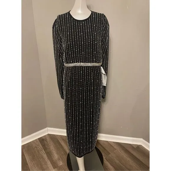 NWT MAC DUGGAL Stripe Long Sleeve Midi Dress Size 14 $498
