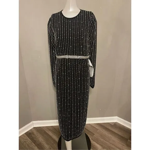 NWT MAC DUGGAL Stripe Long Sleeve Midi Dress Size 14 $498