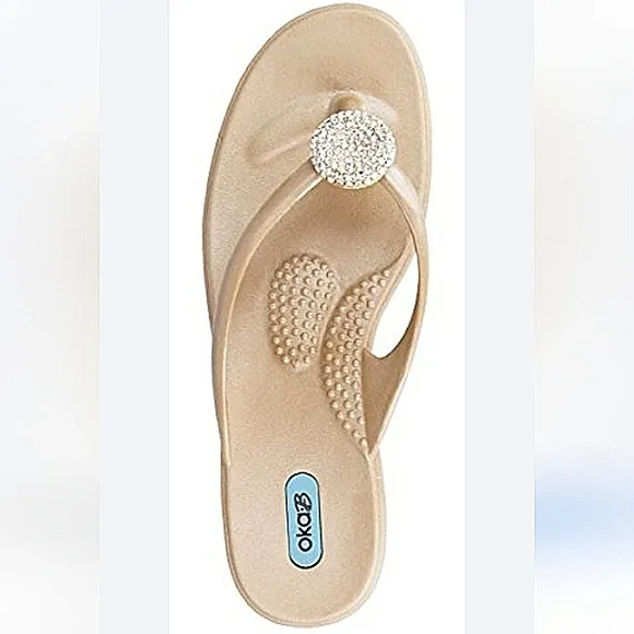 OKA-B Lucky Rhinestone Jewel Crystal Thong Flip Flop Slide Mule Sandal EUC