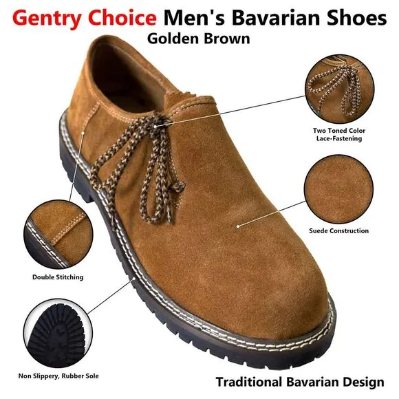 Oktoberfest Mens Bavarian Shoes Cowhide Leather Golden Brown Shoes NEW