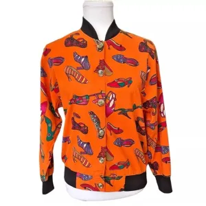 Olivia Vintage 80s Shoe Pattern Print Orange Lightweight Bomber Jacket Sz Small