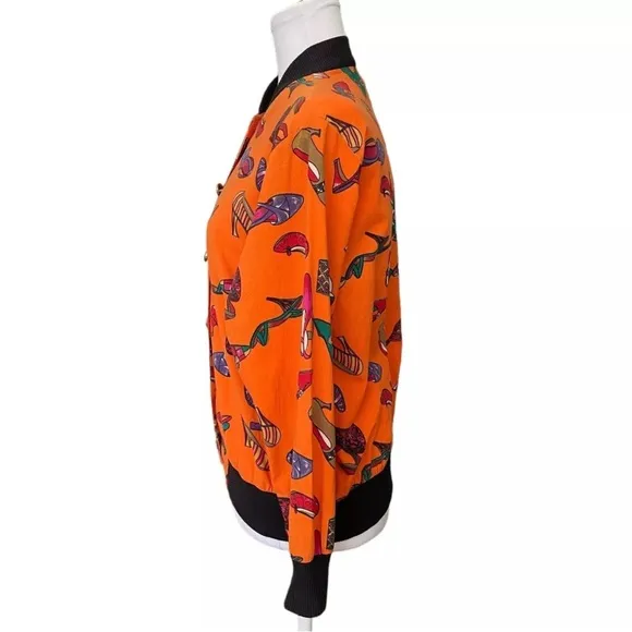 Olivia Vintage 80s Shoe Pattern Print Orange Lightweight Bomber Jacket Sz Small