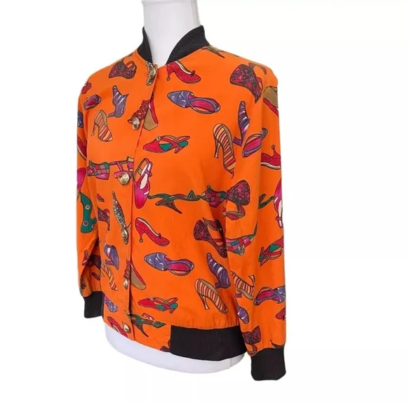 Olivia Vintage 80s Shoe Pattern Print Orange Lightweight Bomber Jacket Sz Small