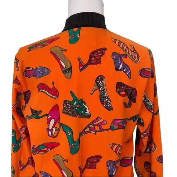 Olivia Vintage 80s Shoe Pattern Print Orange Lightweight Bomber Jacket Sz Small