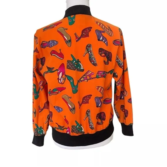 Olivia Vintage 80s Shoe Pattern Print Orange Lightweight Bomber Jacket Sz Small