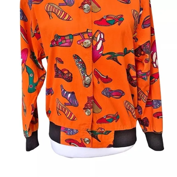 Olivia Vintage 80s Shoe Pattern Print Orange Lightweight Bomber Jacket Sz Small
