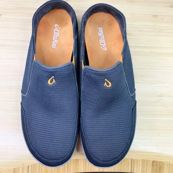 OluKai Mens 10 Nohea Mesh Slip-On Shoes Dark Shadow Gray Boat 10188-4242 EUC