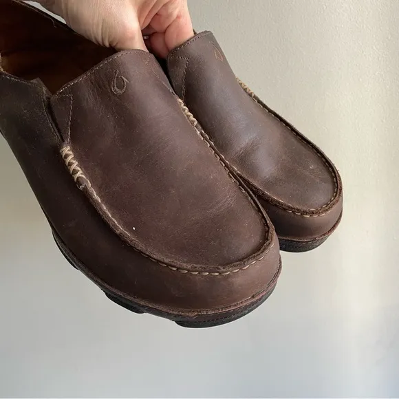 OluKai Moloā Men’s Leather Slip On Shoes Size 11 Dark Wood Java Brown $140