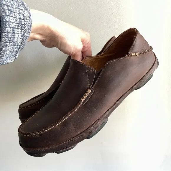 OluKai Moloā Men’s Leather Slip On Shoes Size 11 Dark Wood Java Brown $140