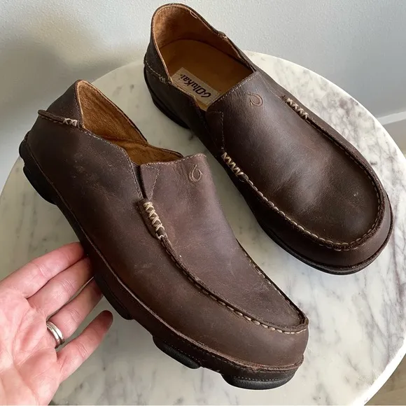 OluKai Moloā Men’s Leather Slip On Shoes Size 11 Dark Wood Java Brown $140