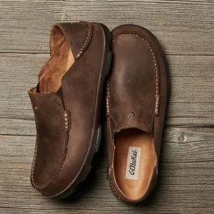 OluKai Moloā Men’s Leather Slip On Shoes Size 11 Dark Wood Java Brown $140