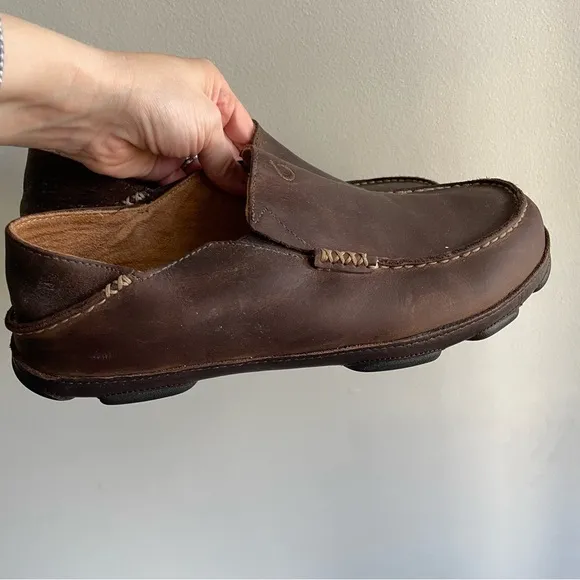 OluKai Moloā Men’s Leather Slip On Shoes Size 11 Dark Wood Java Brown $140