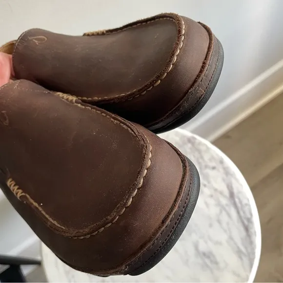 OluKai Moloā Men’s Leather Slip On Shoes Size 11 Dark Wood Java Brown $140