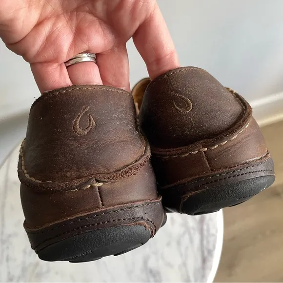 OluKai Moloā Men’s Leather Slip On Shoes Size 11 Dark Wood Java Brown $140