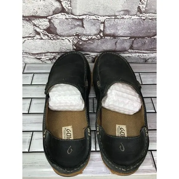 Olukai Moloa Black  Leather Slip On Loafers Casual Drop Heel Shoes Men Sz 11M US