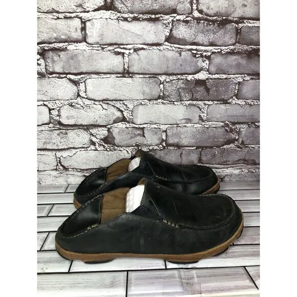 Olukai Moloa Black  Leather Slip On Loafers Casual Drop Heel Shoes Men Sz 11M US
