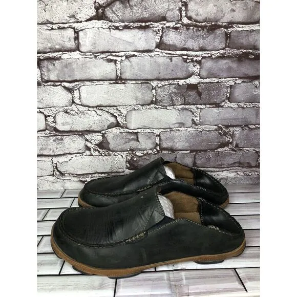 Olukai Moloa Black  Leather Slip On Loafers Casual Drop Heel Shoes Men Sz 11M US