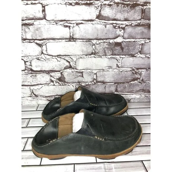 Olukai Moloa Black  Leather Slip On Loafers Casual Drop Heel Shoes Men Sz 11M US