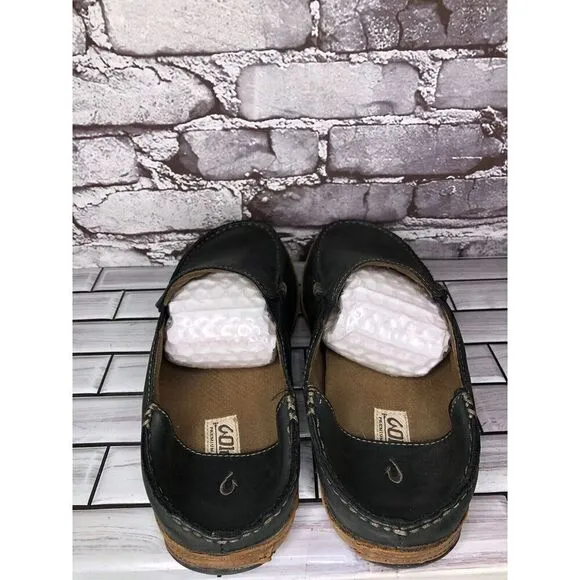 Olukai Moloa Black  Leather Slip On Loafers Casual Drop Heel Shoes Men Sz 11M US