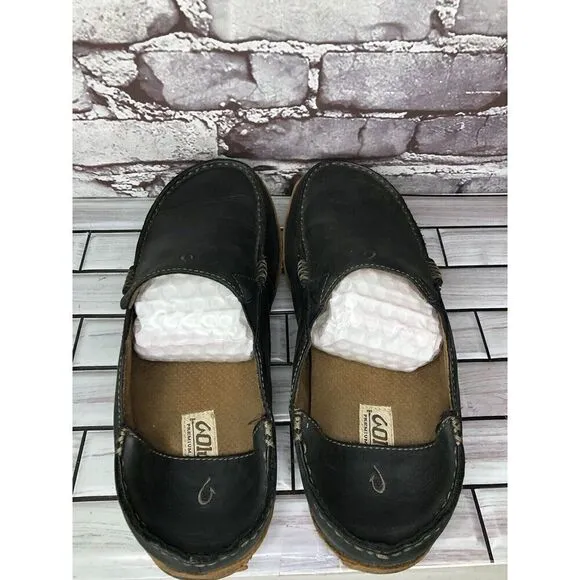 Olukai Moloa Black  Leather Slip On Loafers Casual Drop Heel Shoes Men Sz 11M US