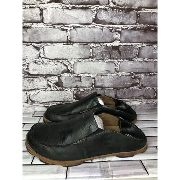 Olukai Moloa Black  Leather Slip On Loafers Casual Drop Heel Shoes Men Sz 11M US