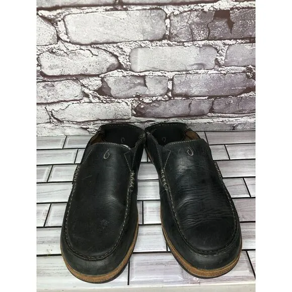 Olukai Moloa Black  Leather Slip On Loafers Casual Drop Heel Shoes Men Sz 11M US