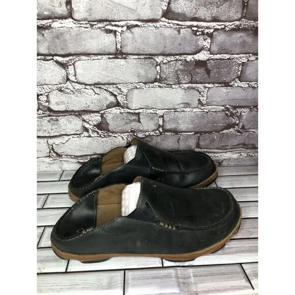 Olukai Moloa Black  Leather Slip On Loafers Casual Drop Heel Shoes Men Sz 11M US