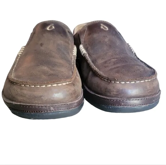 Olukai Moloa Darkwood Slipper Shoes Brown Leather Men's Size 9.5