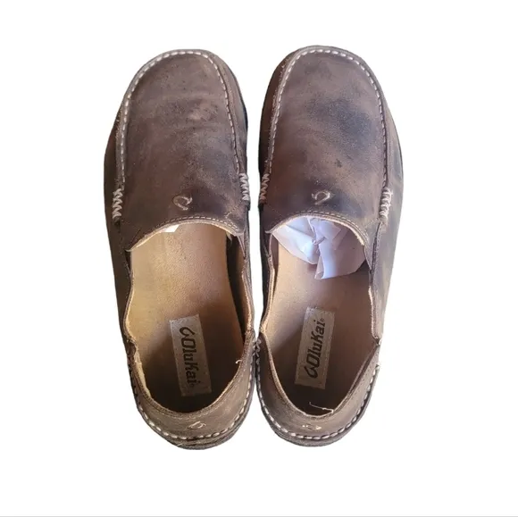 Olukai Moloa Darkwood Slipper Shoes Brown Leather Men's Size 9.5