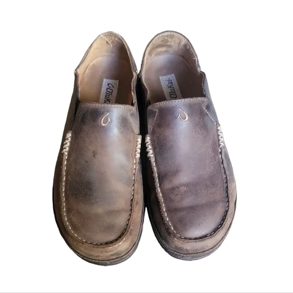 Olukai Moloa Darkwood Slipper Shoes Brown Leather Men's Size 9.5