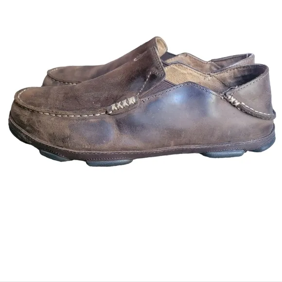 Olukai Moloa Darkwood Slipper Shoes Brown Leather Men's Size 9.5