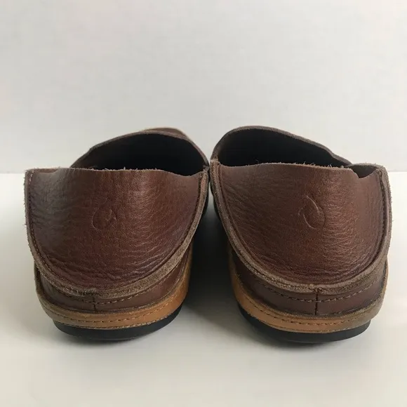 OluKai Ni’o Dark Wood Rum Brown Leather Slip On Drop Heel Loafer Shoes Men Sz 8